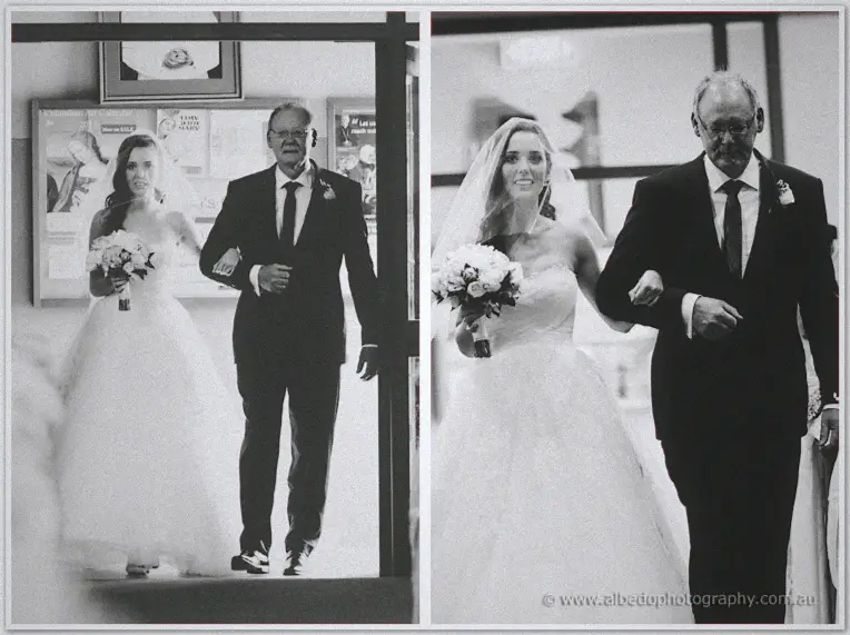 Paired black and white frames of the bride entering on her father's arm