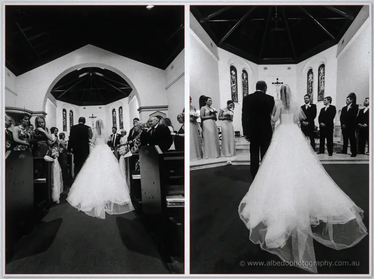 Karis and her father walk down the aisle toward Nathan in dual monochrome views