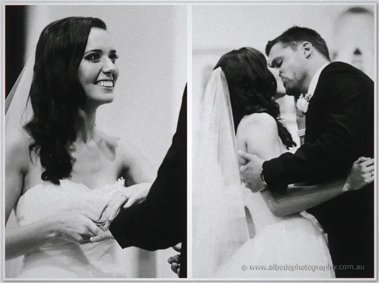 Ring slides onto Karis's finger before the couple's first kiss in twin monochrome frames