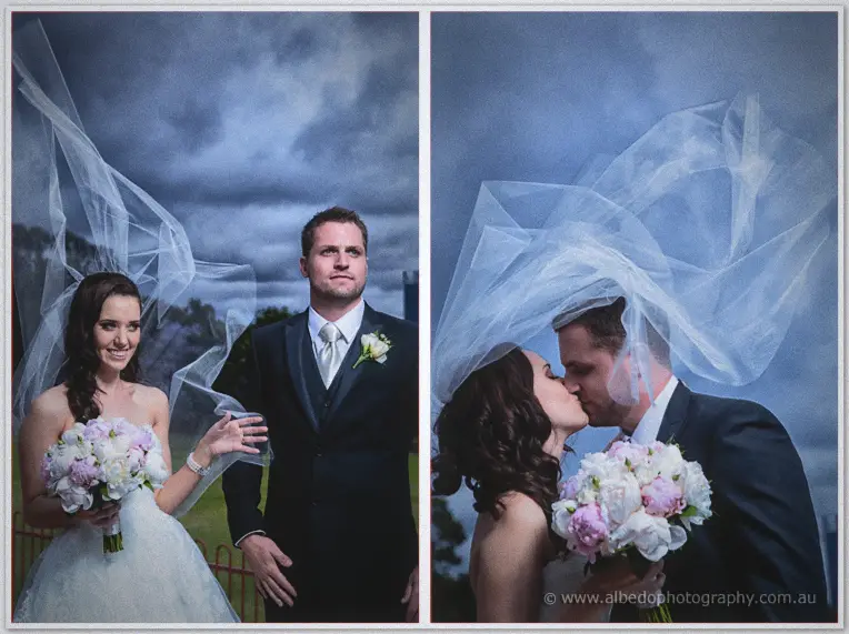 Karis and Nathan in two panels, wind sweeping her veil high before they kiss under brooding storm clouds