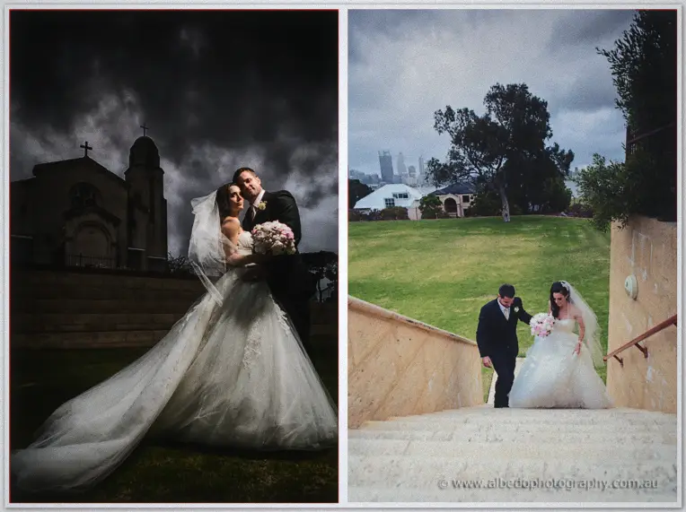 Two frames of Karis and Nathan: embracing at the stormy church, then descending stone steps to the river