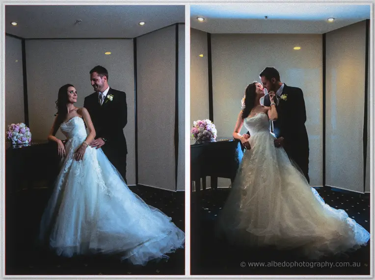 Two frames of Karis and Nathan by a baby grand piano in soft window light inside the hotel