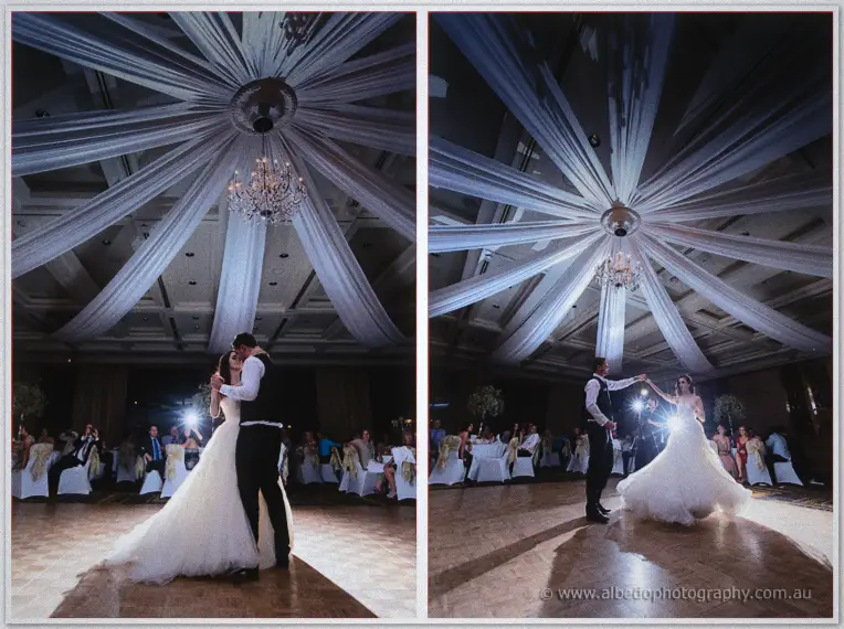 Two views of the couple's first dance beneath the ballroom's soaring white fabric canopy