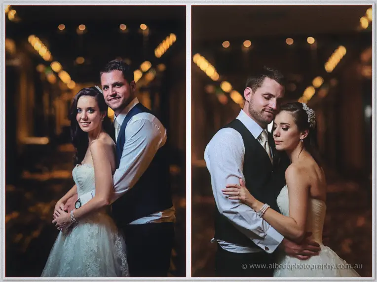 Two portraits of Karis and Nathan embracing in the hotel's golden-lit corridor at night