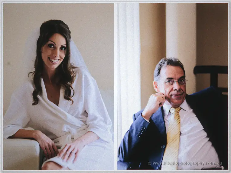 Split portrait of the bride beaming in her robe and a suited father watching thoughtfully by a bright window
