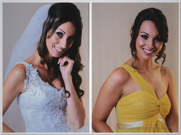 Split portrait of the bride in her lace gown beside a smiling bridesmaid in a yellow dress
