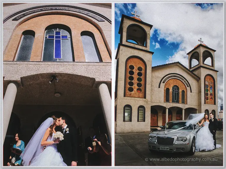 The newlyweds kiss in the church doorway, then pose by their white limousine under the Byzantine bell towers.