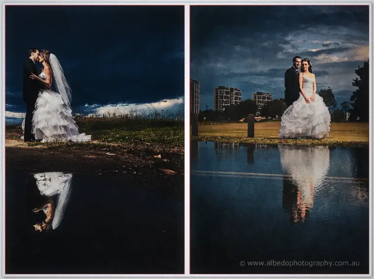 Two dusk portraits of Michele and Nick reflected in still floodwater beside the river reserve.