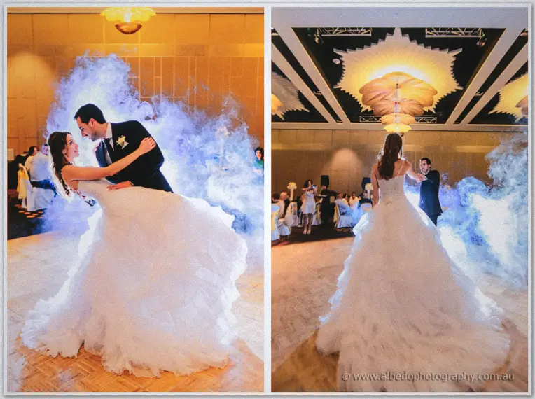 Two angles of the misty first dance, Nick dipping Michele in her billowing tulle gown.