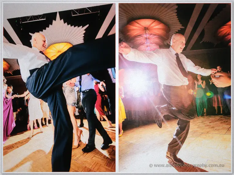 A dapper older guest high-kicks and spins through an exuberant solo turn on the dance floor.