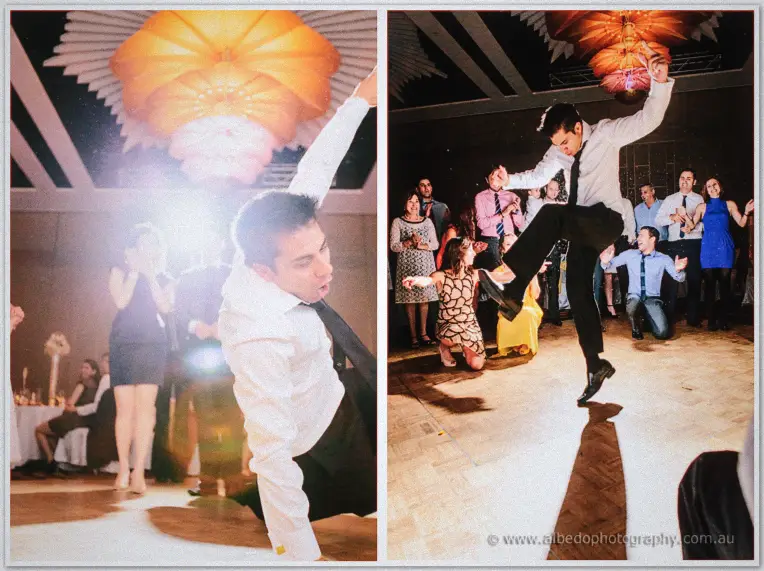 Two frames of a groomsman tumbling and leaping across the floor as guests clap and cheer.