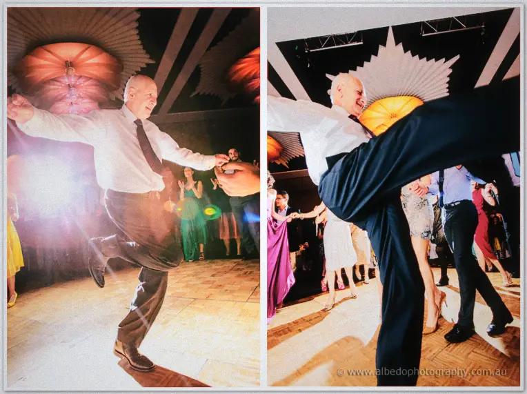 The silver-haired guest kicks high and spins with arms flung wide on the crowded dance floor.