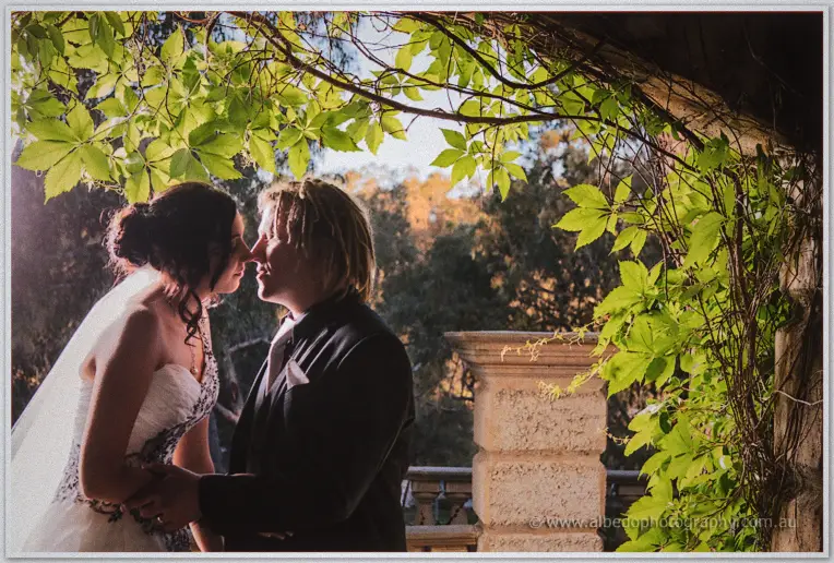 Jenna and Andrew touch noses under sunlit green vines on a stone verandah, warm bushland glowing behind them.