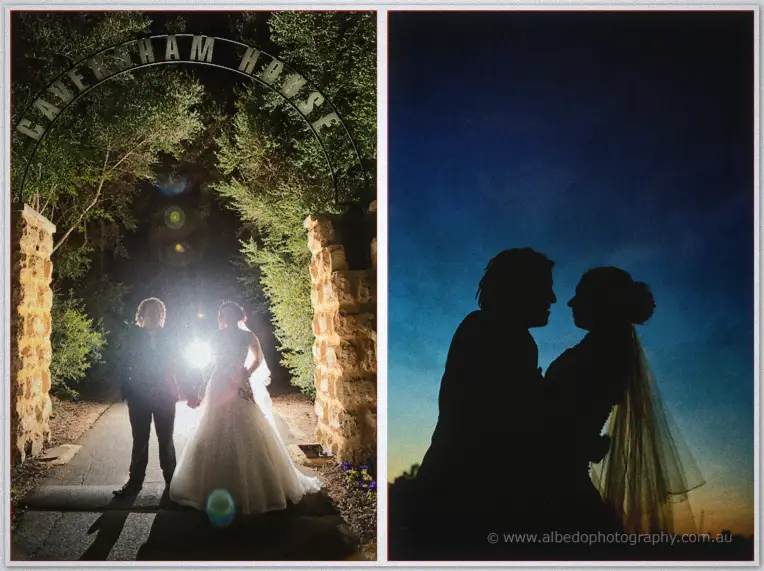Two night shots of Jenna and Andrew, backlit beneath the archway then silhouetted at dusk.