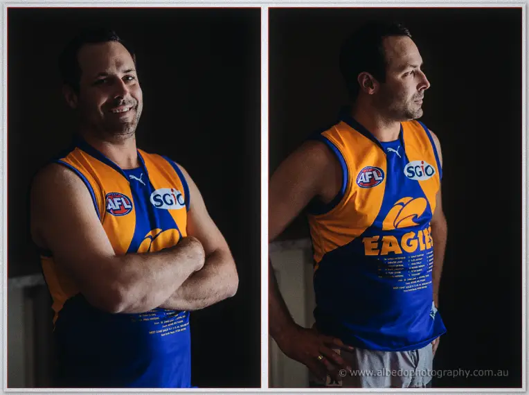Two-frame portrait of a groomsman smiling and glancing aside in an Eagles jumper in soft window light