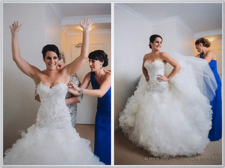 Two-frame moment of Allison raising her arms in delight and posing in her ruffled strapless gown