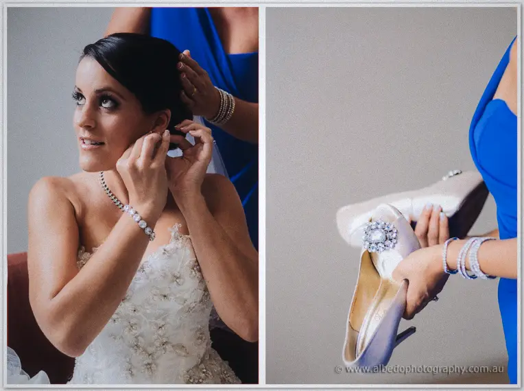 Split frame of Allison fastening an earring and hands holding her jewel-buckled bridal shoes
