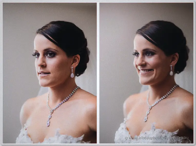 Twin portraits of Allison in teardrop earrings and necklace, pensive then breaking into a smile