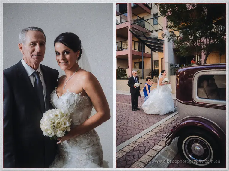 Father in a dark suit beside Allison with her bouquet, then helping her toward a vintage limousine