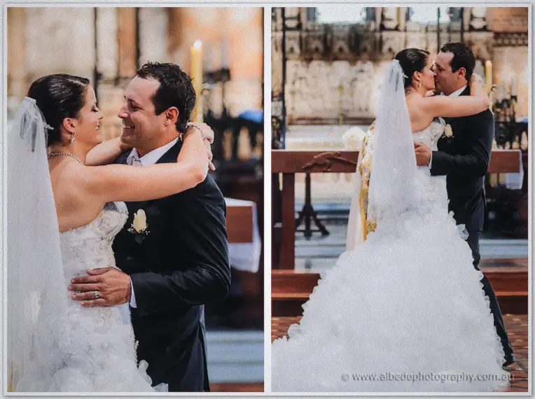 Allison hugging and kissing Greg beside the altar after being pronounced married