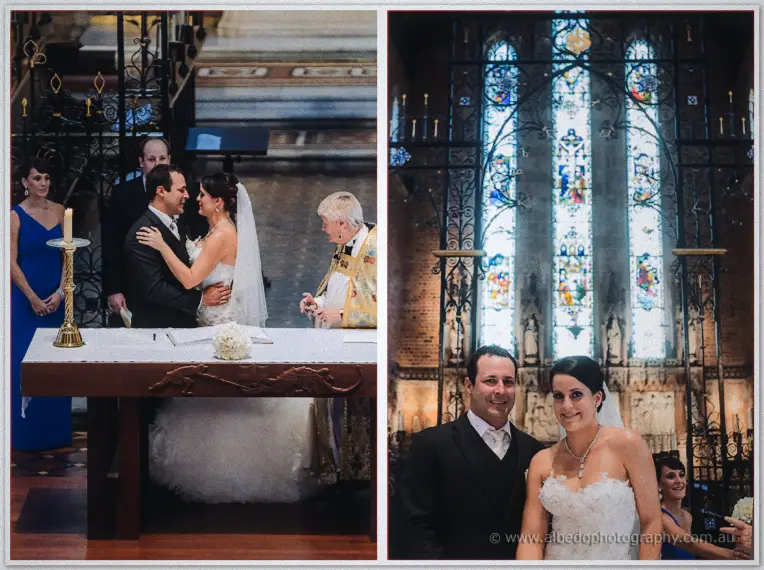 First kiss at the altar and the couple posing before tall stained-glass windows at St George's