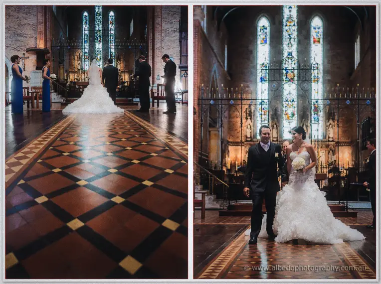 Diptych of the couple at the reredos altar and beaming as they walk back down the aisle