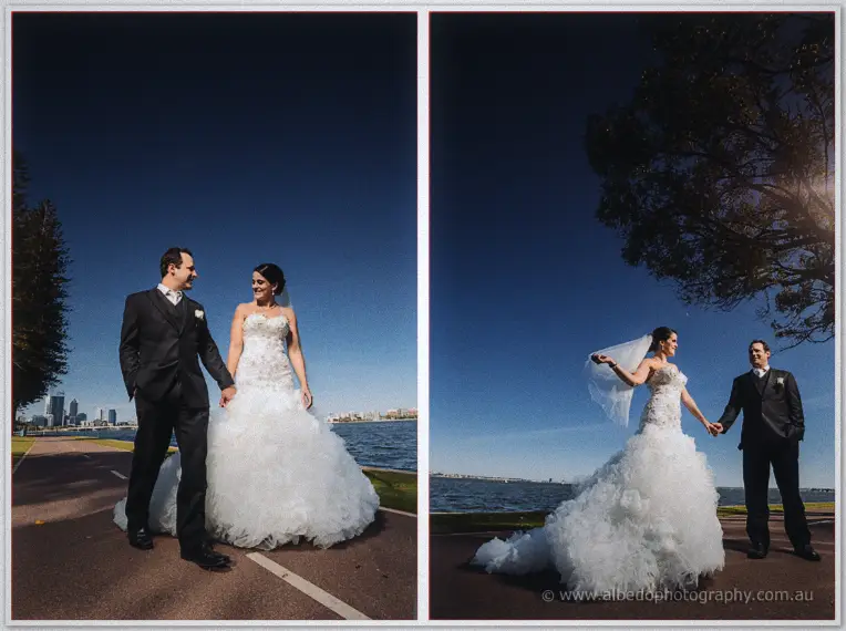 Diptych of Allison and Greg hand in hand on the sunlit river path, city towers behind