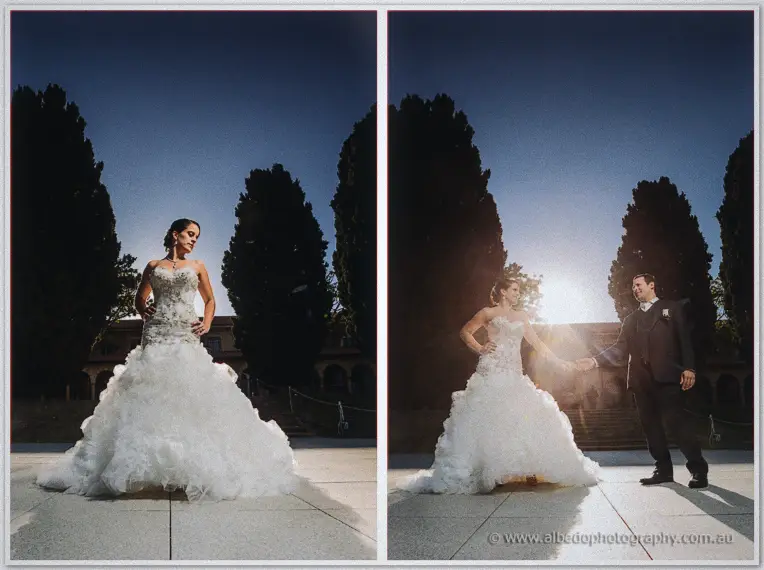 Allison alone in her vast ruffled gown on the plaza, then taking Greg's hand in golden flare