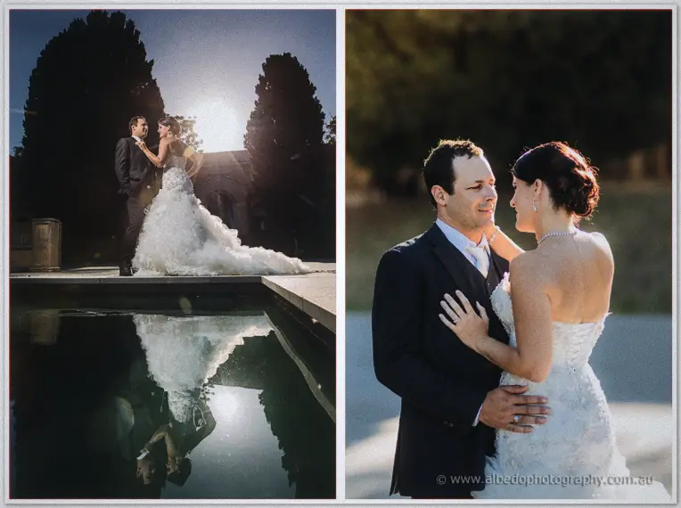 Sunset portraits of Allison and Greg by a reflecting pool, her ruffled gown mirrored in the still water.