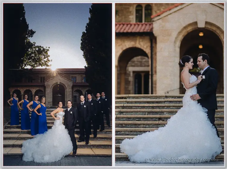 Bridal party posed on sandstone steps at sundown before Allison straightens Greg's boutonniere