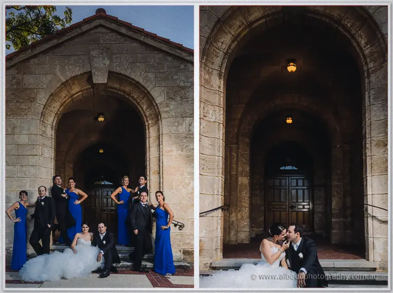Wedding party grouped on stone steps under a warm archway, Allison and Greg kissing beneath a lantern.