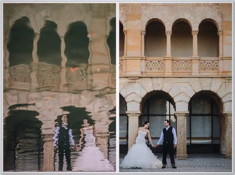 Allison and Greg reflected hand in hand in rippling pool water beside the honey-toned colonnade.