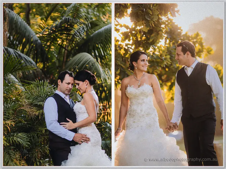 Foreheads touching among tropical palms, then walking hand in hand as golden backlight glows behind them.