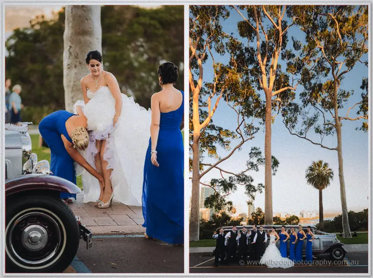 Bridesmaids in royal blue help Allison from the vintage car, the whole party lined up on the limo at sunset.