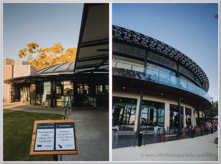 Dusk falls over the glass-fronted Frasers venue, a signboard pointing guests to the wedding reception.