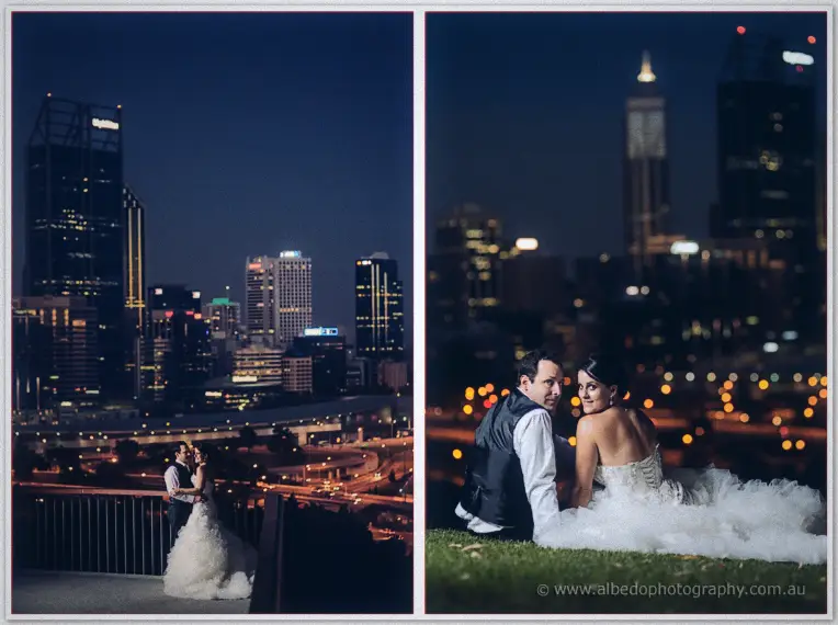 Night portraits above Perth's lit skyline, the couple embracing on a lookout and seated among bokeh lights.