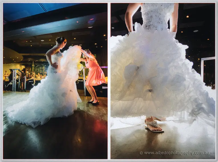 A guest in coral steadies the huge tulle skirt, then a jewelled sandal peeks out from beneath the ruffles.