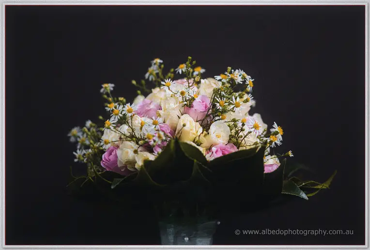 Felicity's bouquet of cream and pink roses with daisies glows against a dark backdrop in soft studio light