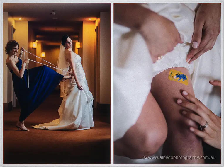 Bridesmaid playfully measures her leg against Felicity's, beside a sticker on a bridesmaid's knee