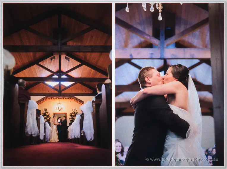 Diptych of the couple marrying beneath the chapel's timber rafters and kissing as guests look on