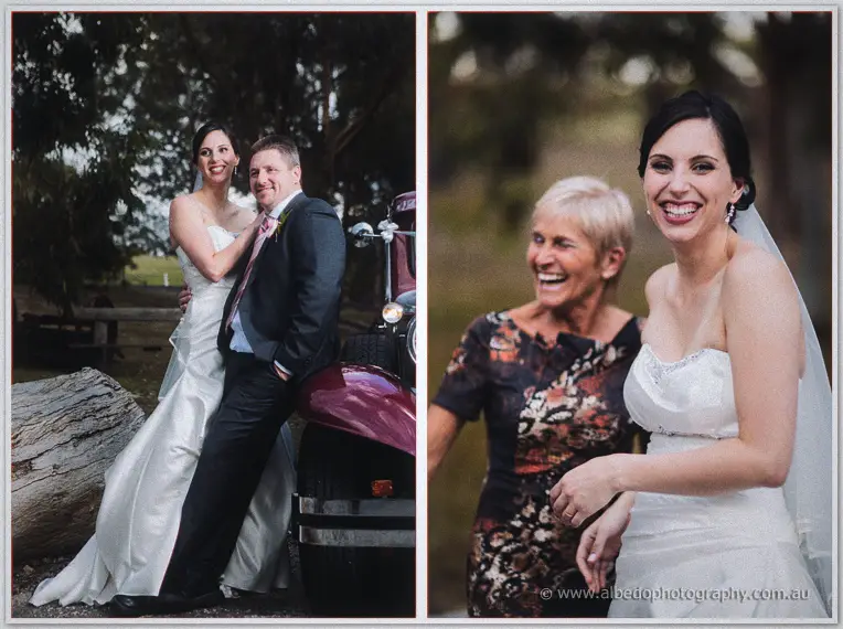 A split frame pairs the couple by a burgundy vintage car with the bride laughing beside her mother.