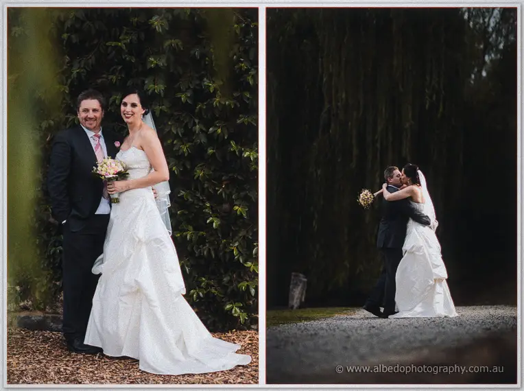 A split frame shows the couple smiling by ivy and kissing under a weeping willow at Inglewood Estate.