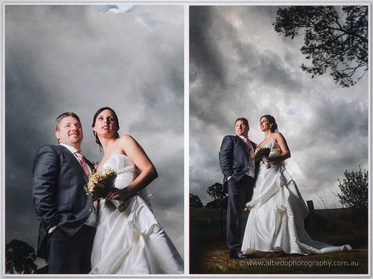 Two views of the newlyweds against brooding clouds sweeping over the Inglewood Estate paddocks.