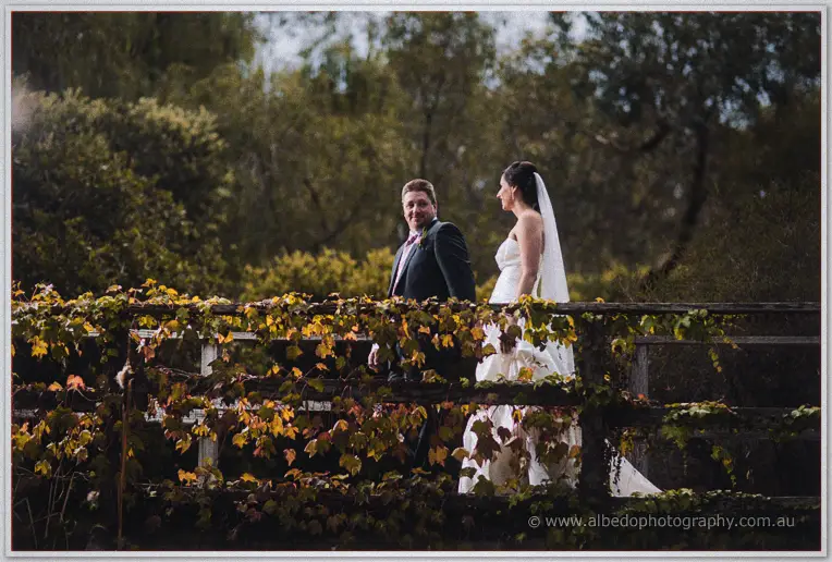 Felicity and Mark walk an autumn vine-draped bridge, gazing back at each other.