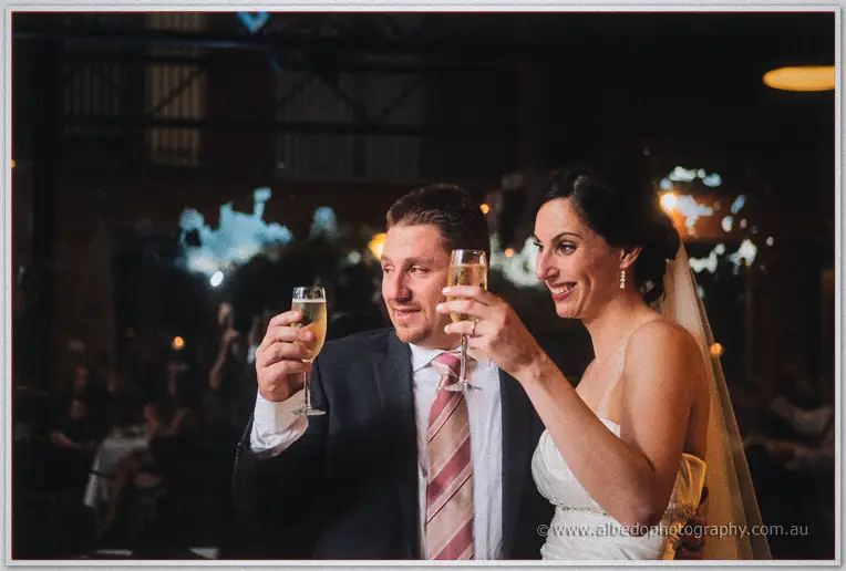The couple toasts with champagne flutes amid the warmly lit reception crowd.