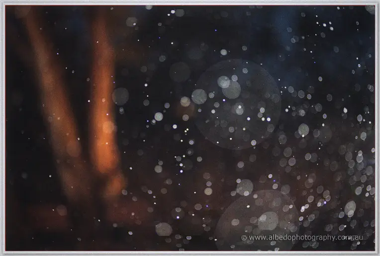 Backlit raindrops blur into golden bokeh against the dark evening sky.