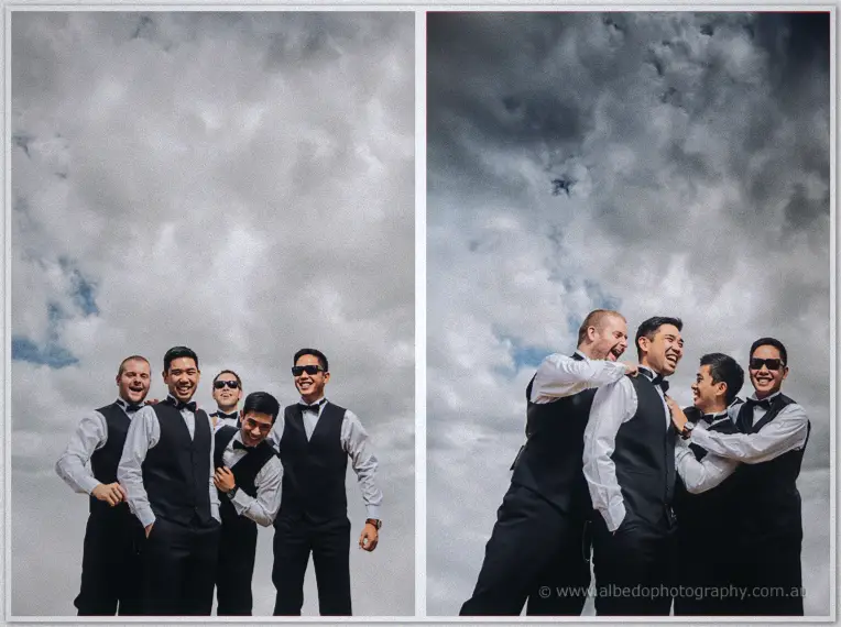 The groom's party goof and wrestle playfully under brooding clouds in two candid frames.