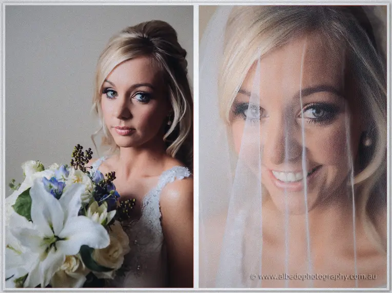 Bride Kristyn holds her lily bouquet in profile, then smiles beneath a sheer veil in close-up.