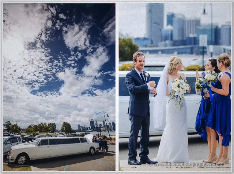 A white limousine waits under blue skies, then Chris and Kristyn toast beside beaming bridesmaids.