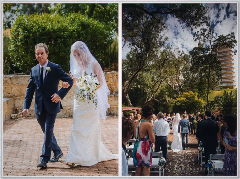 Kristyn walks arm in arm with her father along the brick garden path, then down the tree-lined aisle.